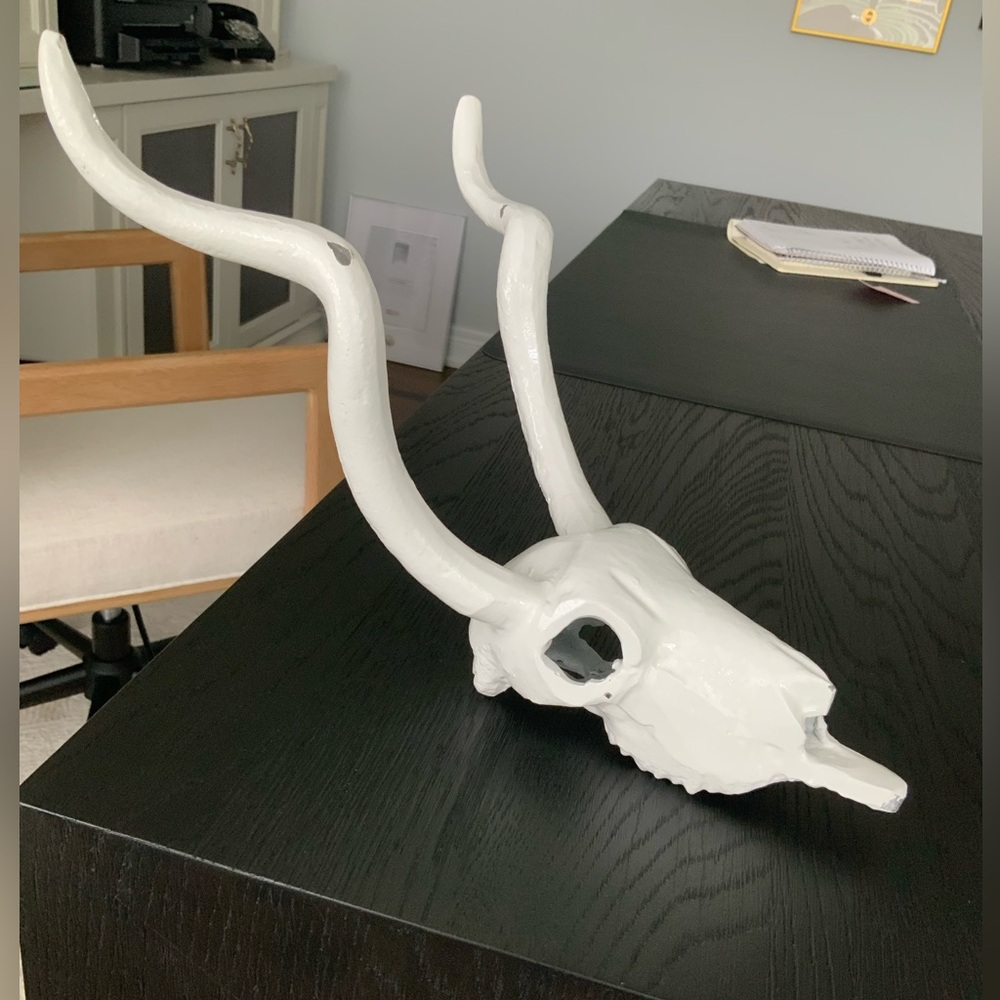 Vintage White Cast Metal Antelope Skull Decorative Sculpture Wall Decor